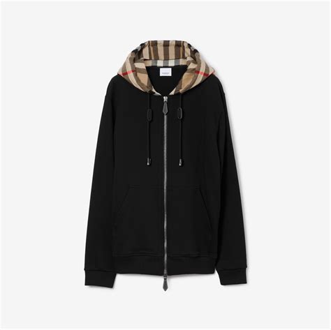 Check Hood Cotton Zip Hoodie in Black/archive beige 